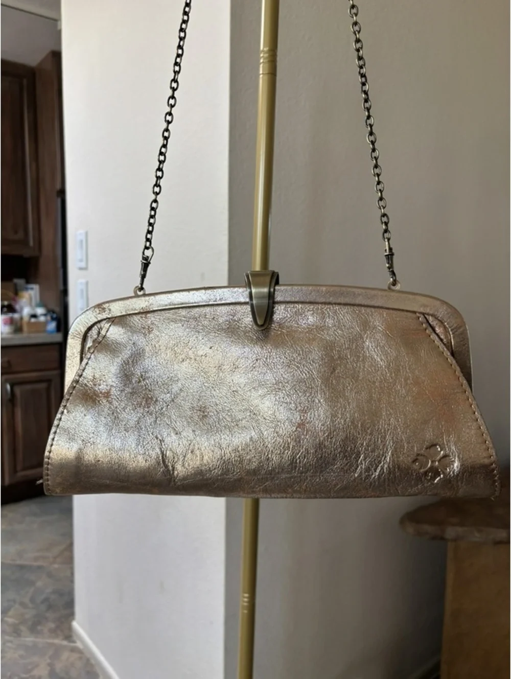 Patricia Nash Asher Metallic Gold Leather Frame Clutch Crossbody